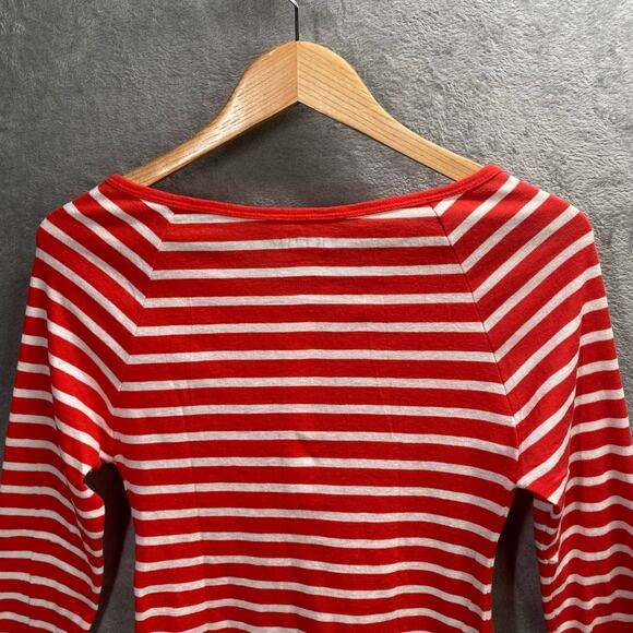 Y2k‎ Henley Top Small Red White Striped Long Sleeve Button Up Preppy Casual - Picture 5 of 15
